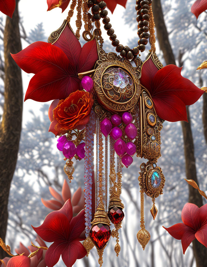 Jeweled pendant with red flowers and gold details in snowy forest