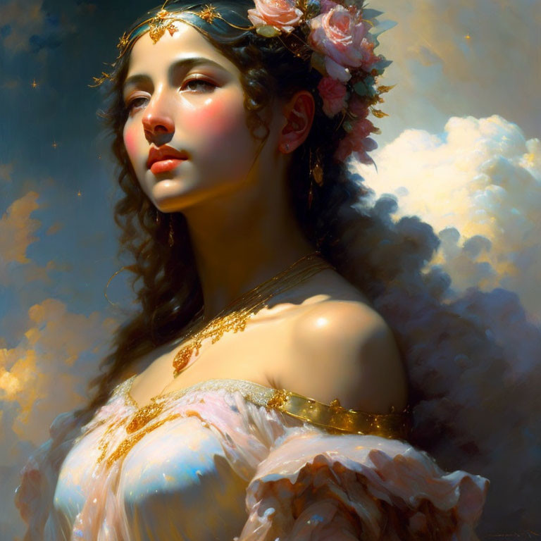 Portrait of Woman in Flower Crown and Off-Shoulder Dress with Golden Jewelry