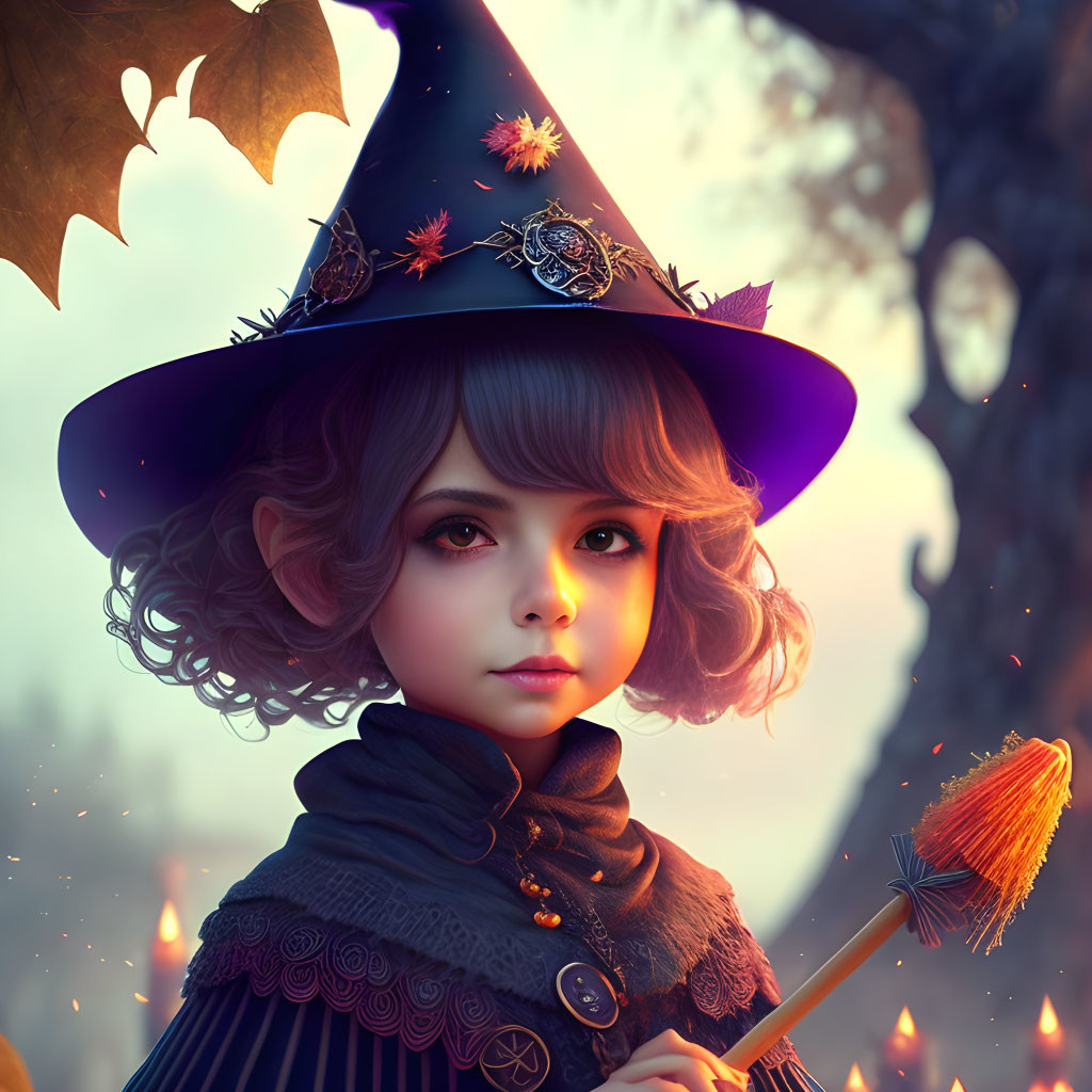 Illustrated young witch in pointed hat with broom in magical autumn forest