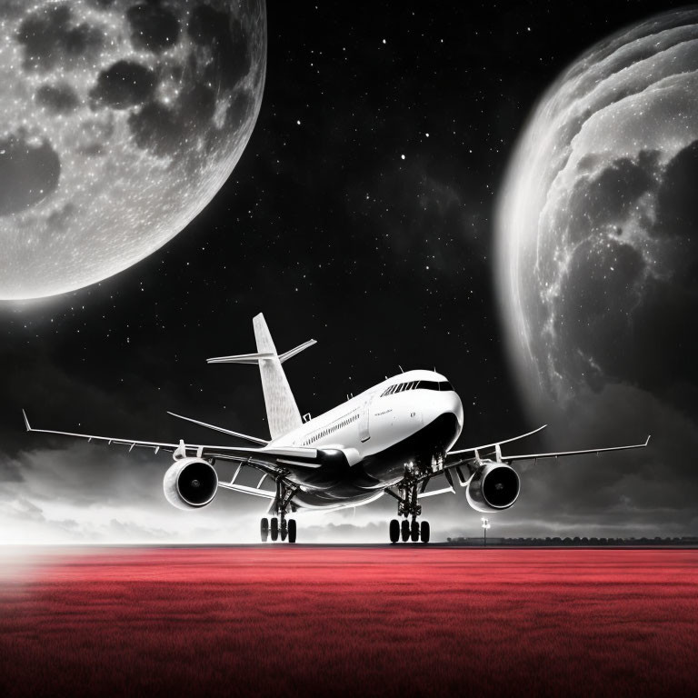 Airplane landing on crimson runway under moon and stars