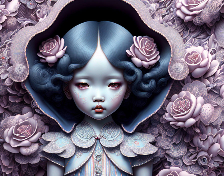 Gothic-style illustration: doll-like girl with big eyes and blue hair among violet roses