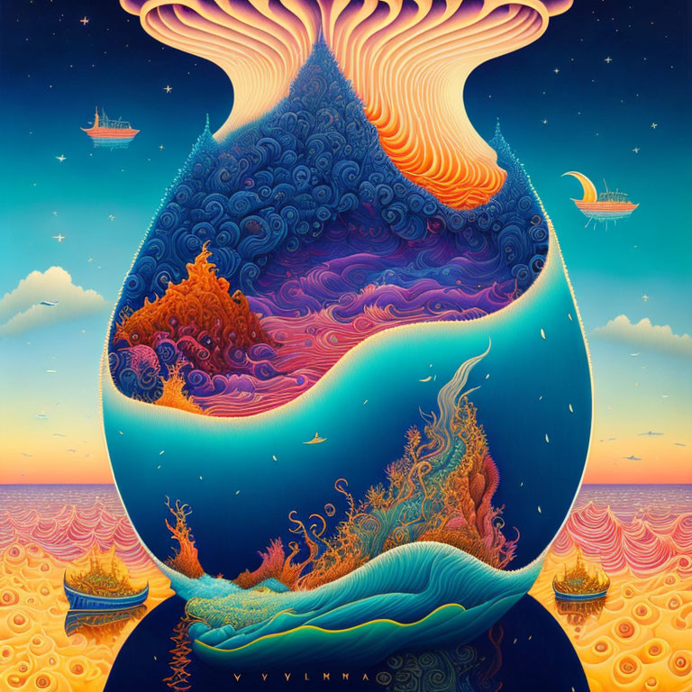 Vibrant surreal artwork: hourglass with ocean scenes and ships under sunset sky