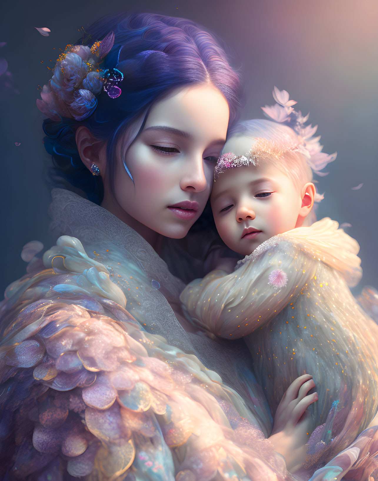 Illustration of woman with blue hair embracing child in fantastical attire