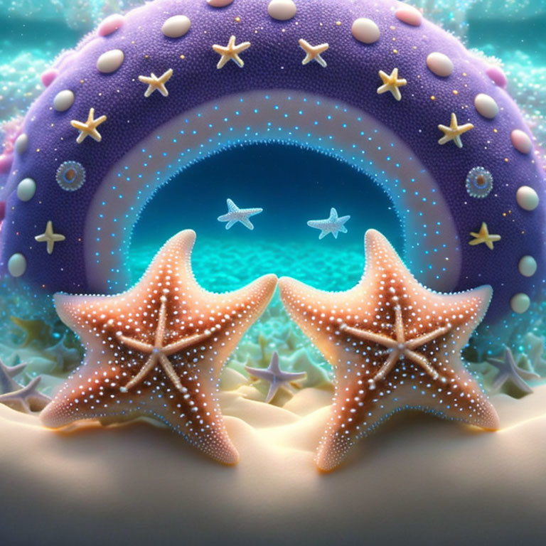 Colorful Starfish on Sandy Shore with Starry Archway Background