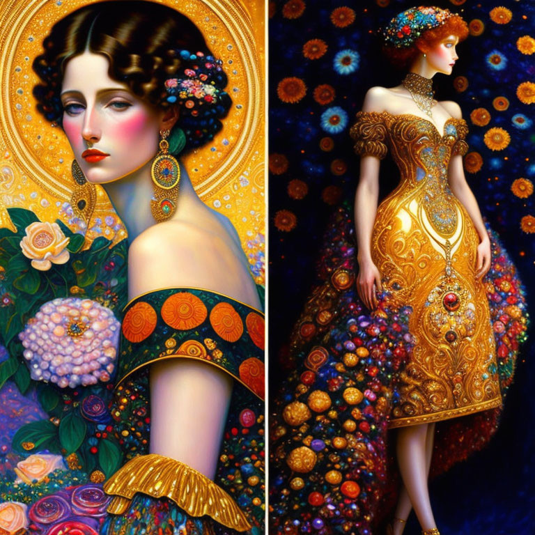 Colorful Artwork of Two Women in Elaborate Dresses