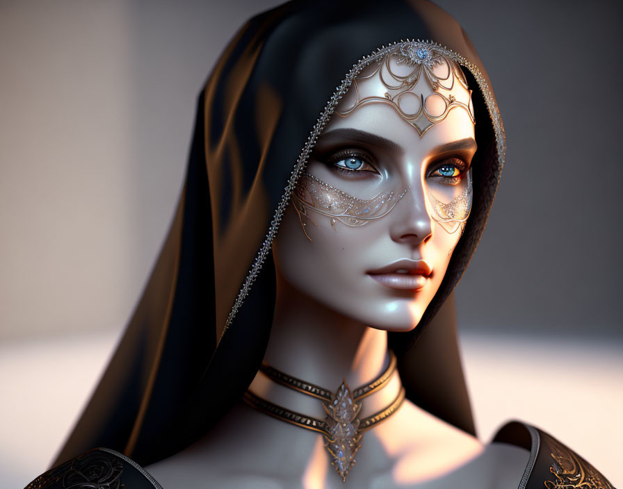 Digital artwork of woman with blue eyes, silver jewelry, headscarf, and necklace