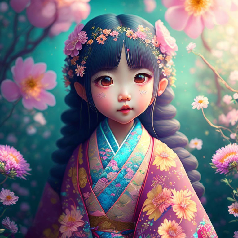 Illustration of girl in floral kimono with large eyes and blossoming flowers