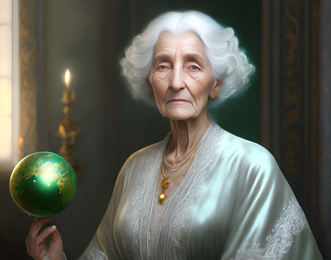 Elderly woman with white hair holding green orb in dimly lit room