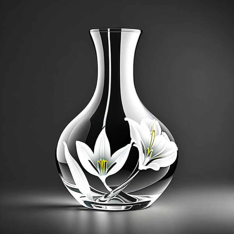 Transparent Glass Vase with Etched White Lilies Design