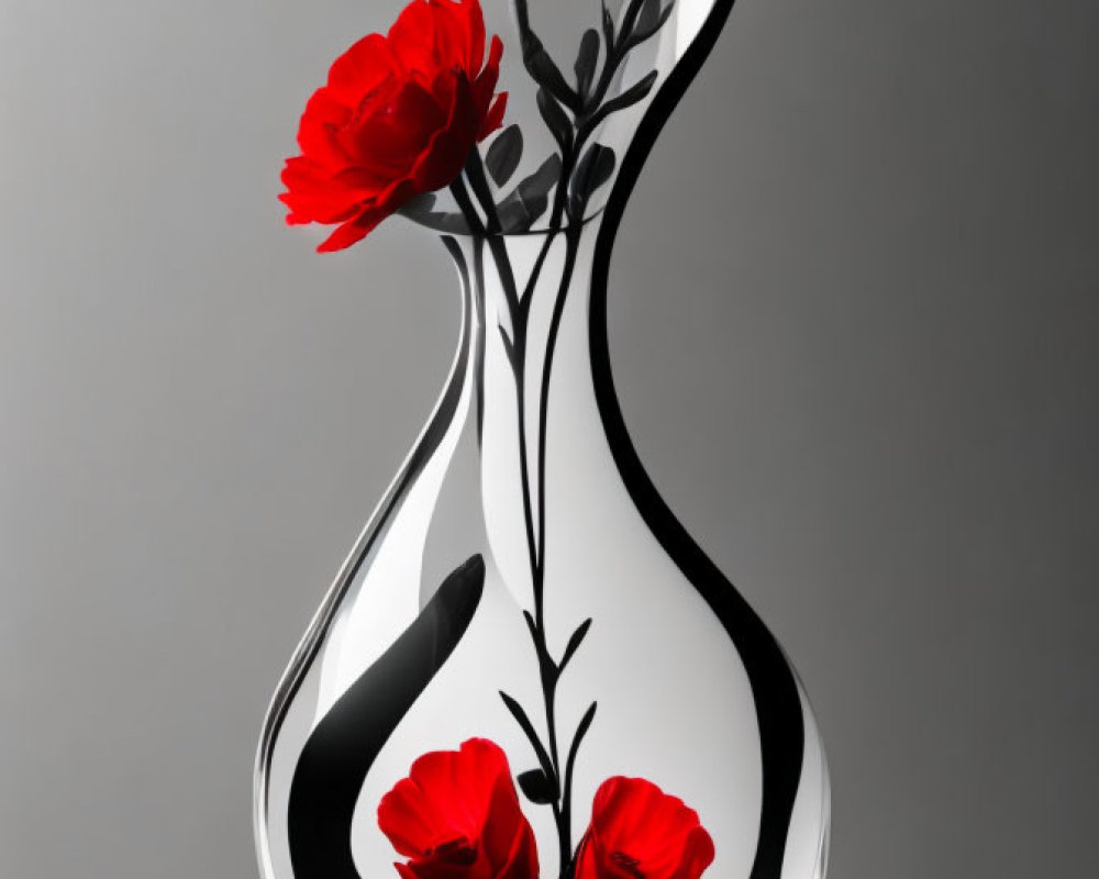 Transparent Vase with Swirling Black and White Design and Red Flowers