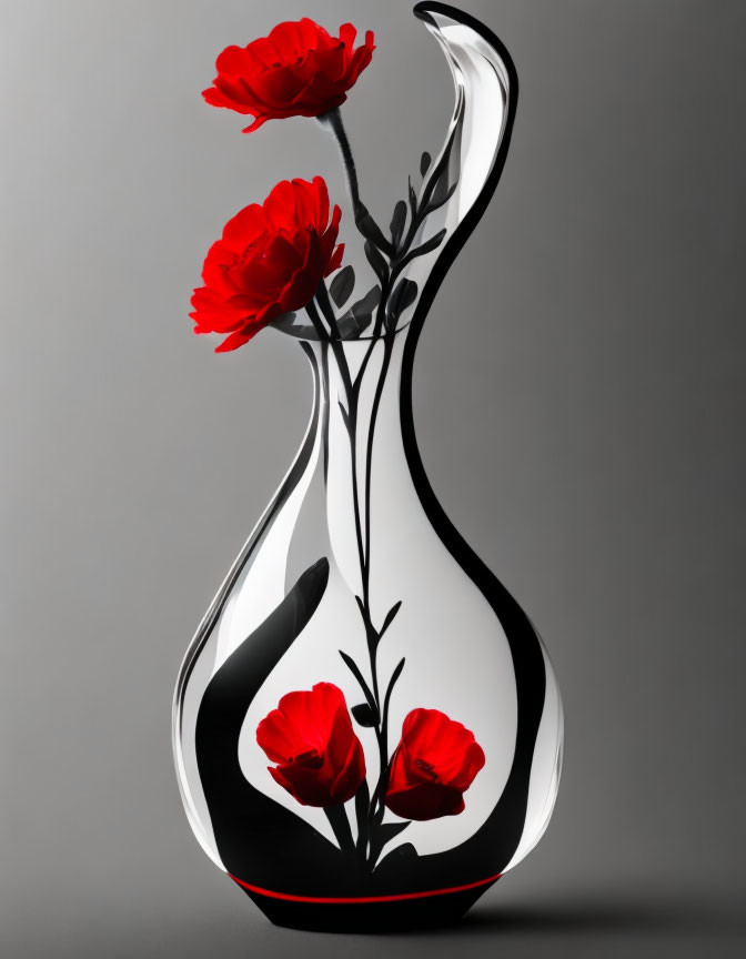 Transparent Vase with Swirling Black and White Design and Red Flowers