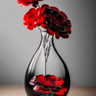 Transparent Vase with Swirling Black and White Design and Red Flowers