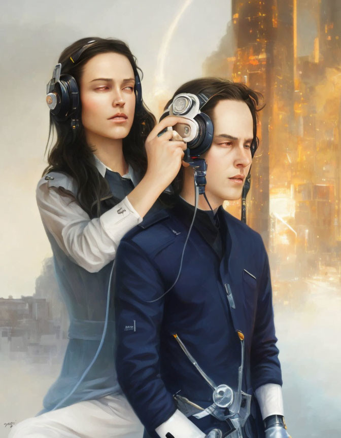 Futuristic digital artwork of two people with headsets in sci-fi setting