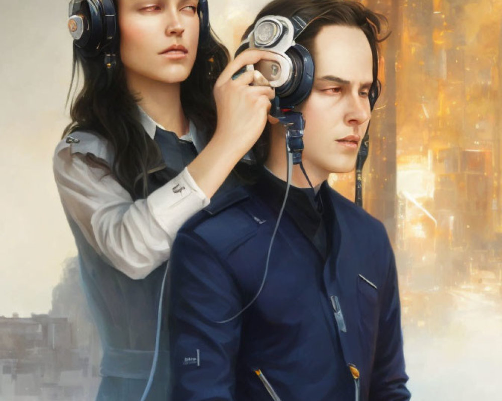 Futuristic digital artwork of two people with headsets in sci-fi setting