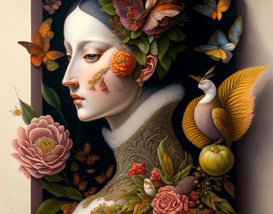 Surrealist portrait with botanical and fauna elements