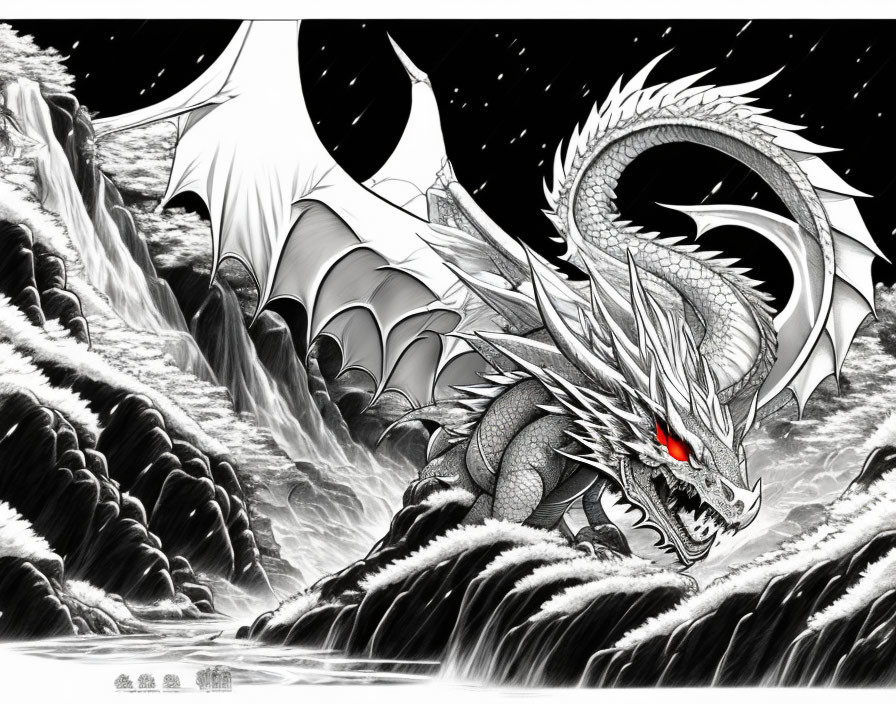 Monochrome illustration of fierce dragon in rocky terrain