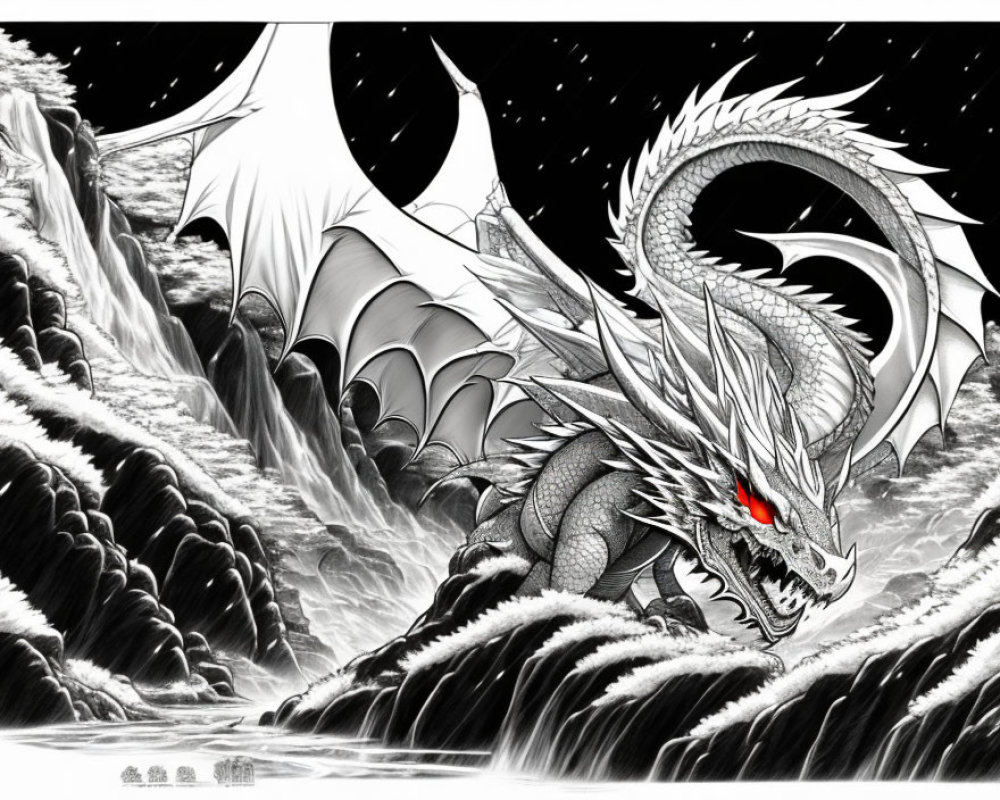 Monochrome illustration of fierce dragon in rocky terrain