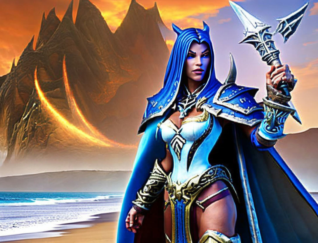 Fantasy female warrior with blue skin and axe on beach with fiery mountains