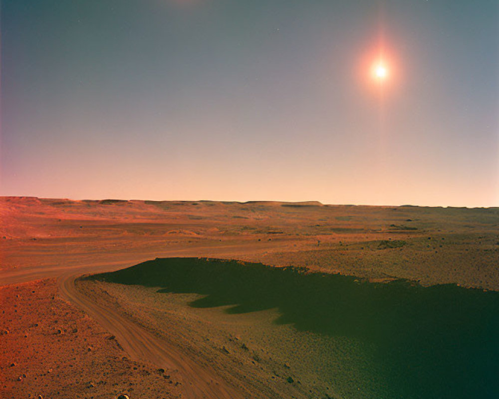 Astronaut couple on Mars-like terrain with two suns