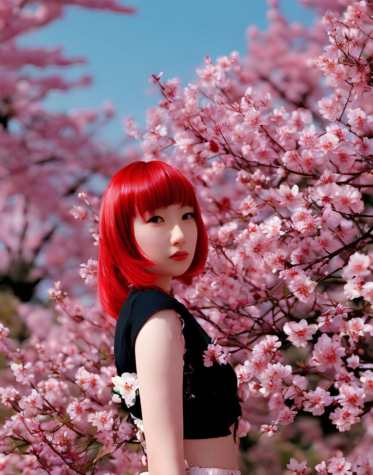 Red-haired person in front of blooming cherry blossoms with thoughtful expression