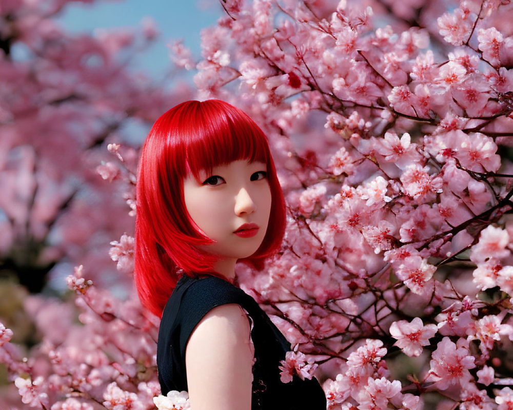 Red-haired person in front of blooming cherry blossoms with thoughtful expression