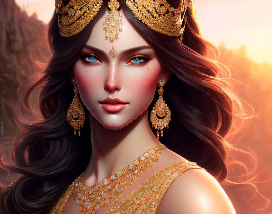 Regal woman with blue eyes and golden crown in sunlit setting