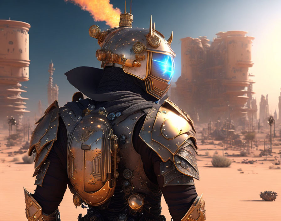 Futuristic knight in ornate armor in desert with sci-fi backdrop