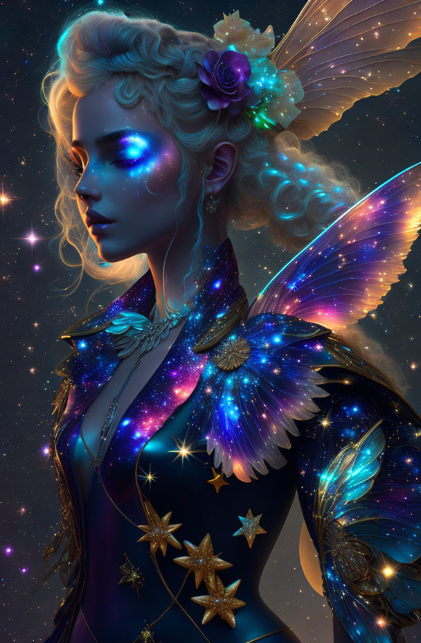 Ethereal being with blue skin, cosmic wings, galaxy attire, stars, and floral hair accent