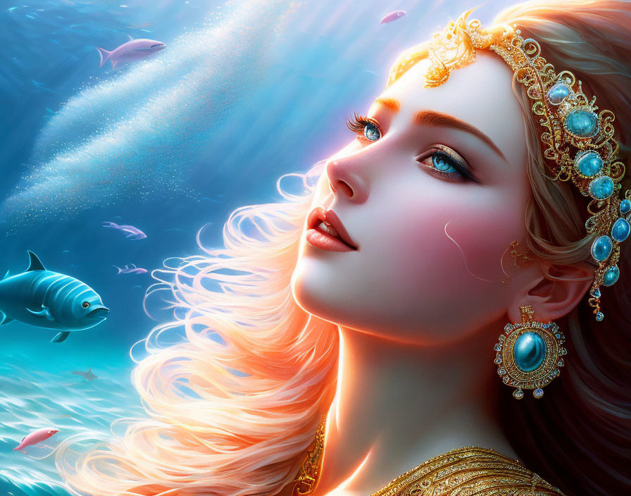 Ethereal Woman with Golden Hair in Underwater Dreamscape