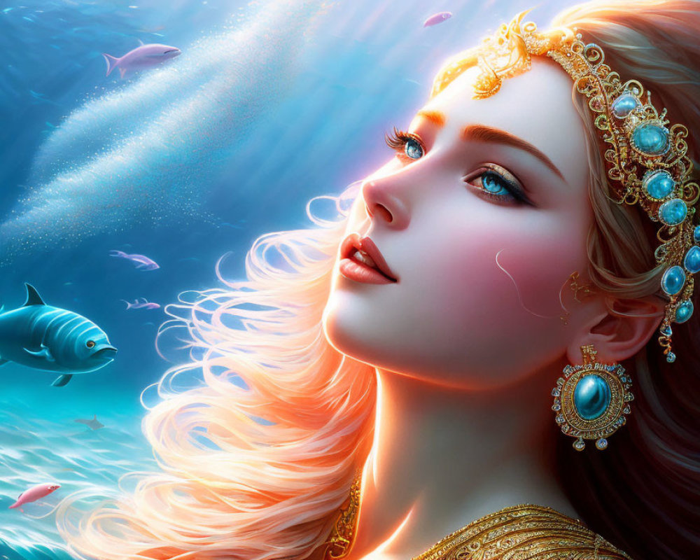 Ethereal Woman with Golden Hair in Underwater Dreamscape