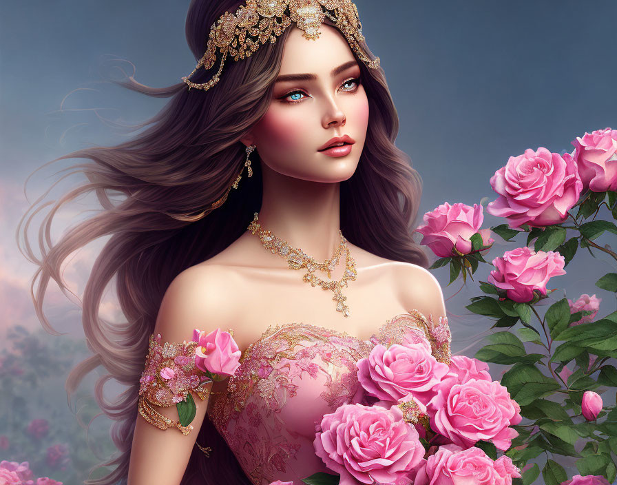 Woman's Flowing Hair with Gold Jewelry & Pink Dress Among Roses