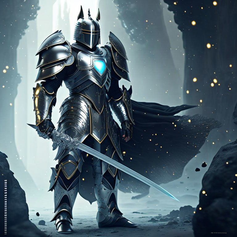 Futuristic knight in metallic armor with sword in mystical landscape