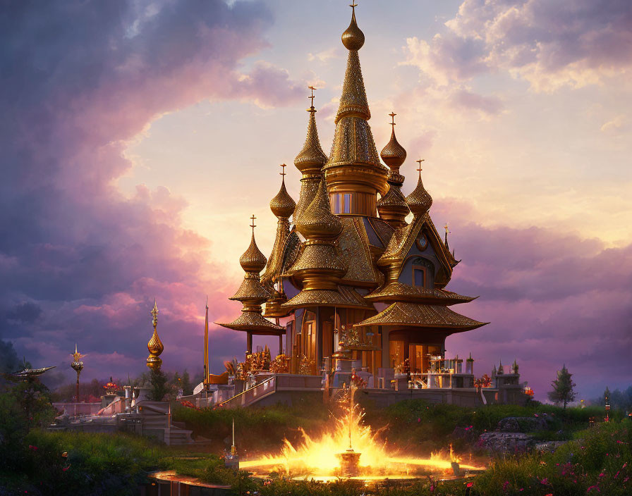 Golden-domed fantasy castle at dusk with vibrant sky and small fire.