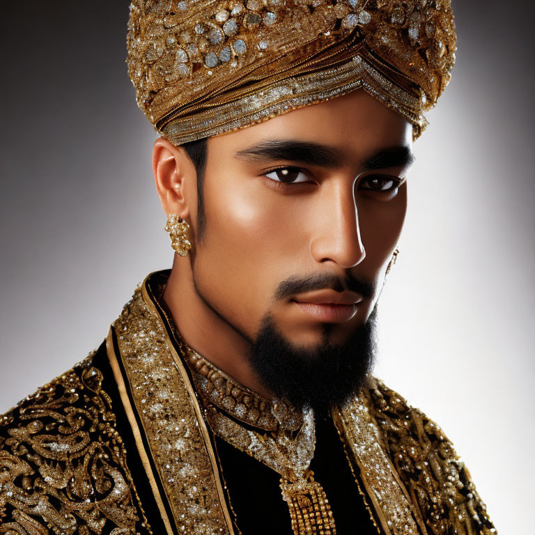 Bearded man in golden turban and traditional attire with jewelry pose on neutral background