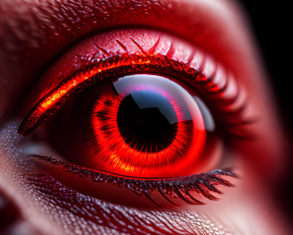 Detailed Close-up of Human Eye with Red Tint and Textured Iris