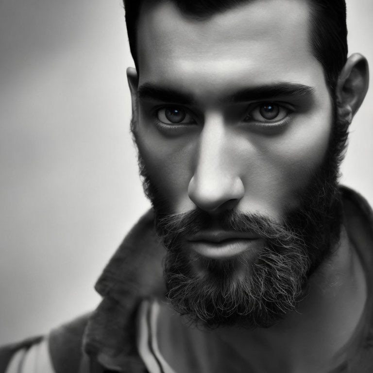 Monochromatic stylized male portrait with full beard and intense gaze