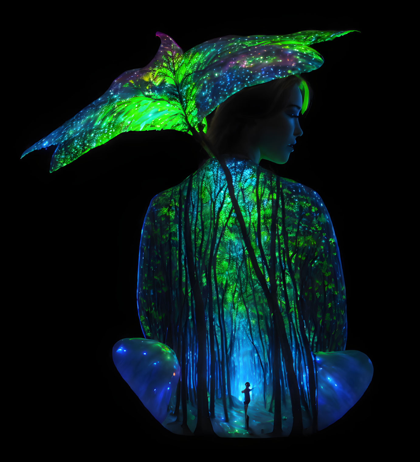 Glow-in-the-Dark Body Paint Forest Scene with Illuminated Wings