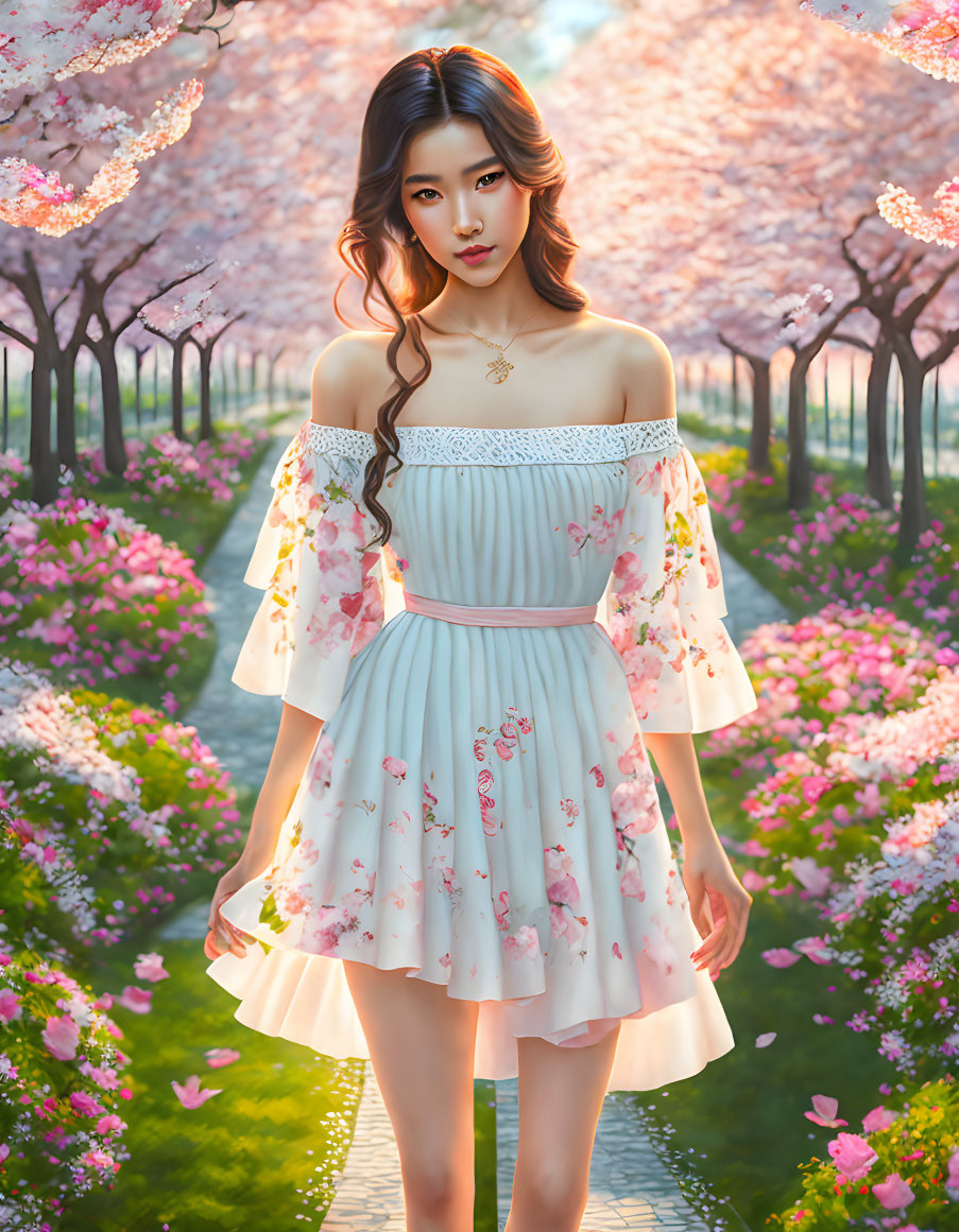 Digital artwork of woman in floral off-shoulder dress in cherry blossom path