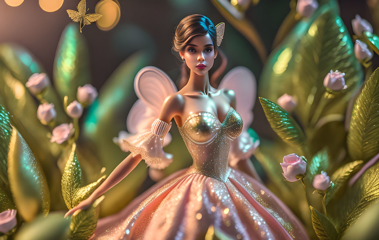 Digital illustration: Fairy with glowing wings in fantastical forest