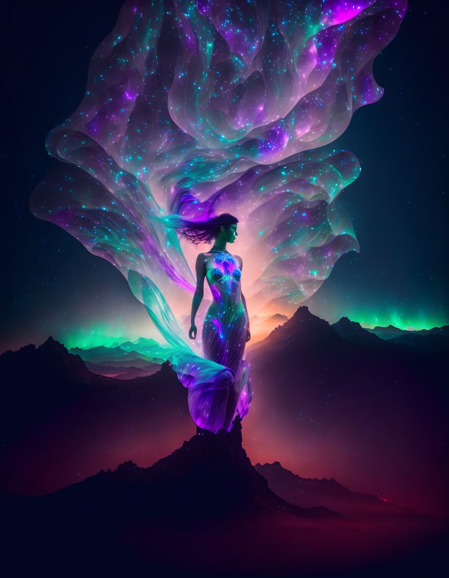 Colorful Mystical Figure with Aurora-like Wings on Mountain Top at Night