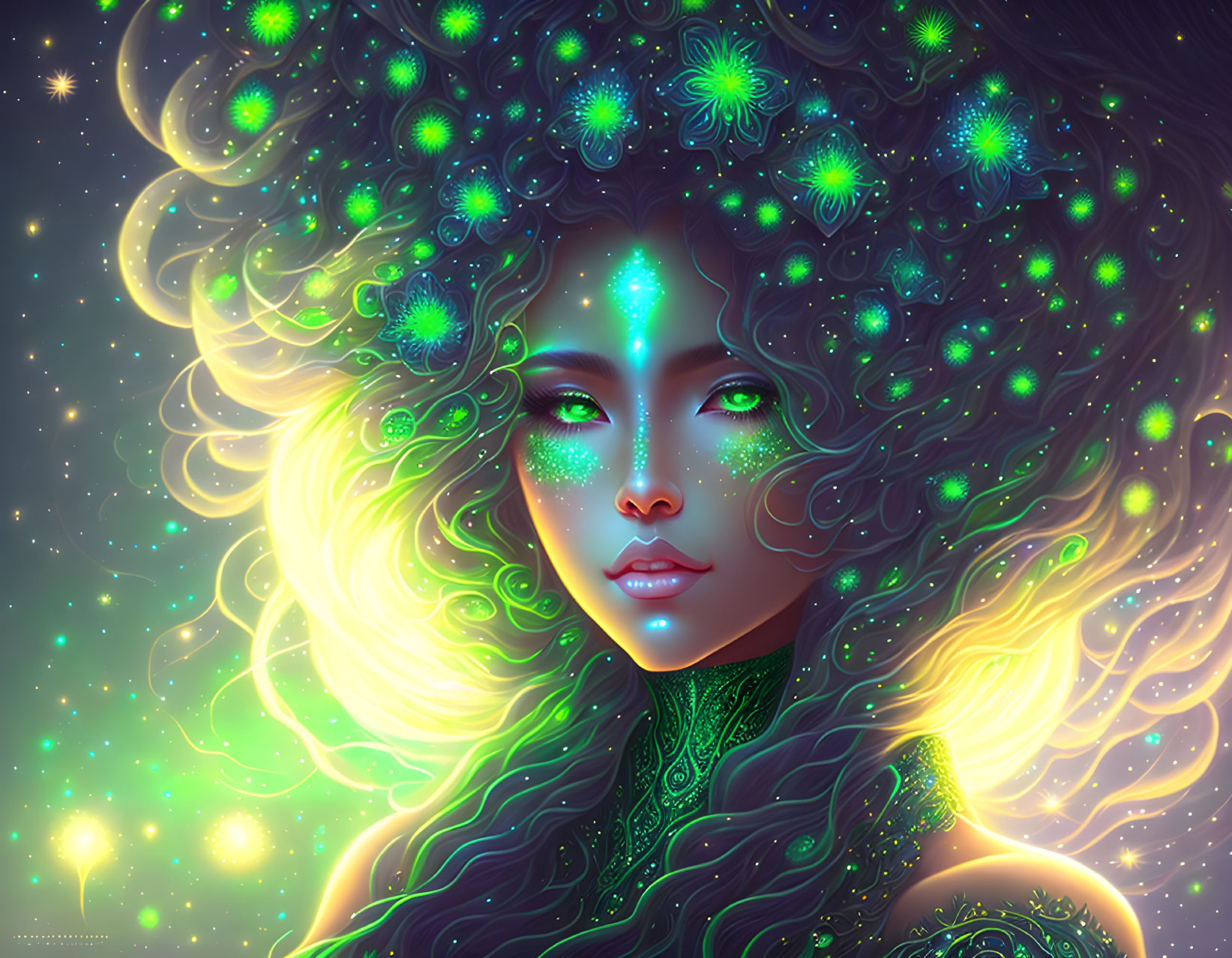 Illustration of woman with galaxies and stars in hair and glowing green eyes