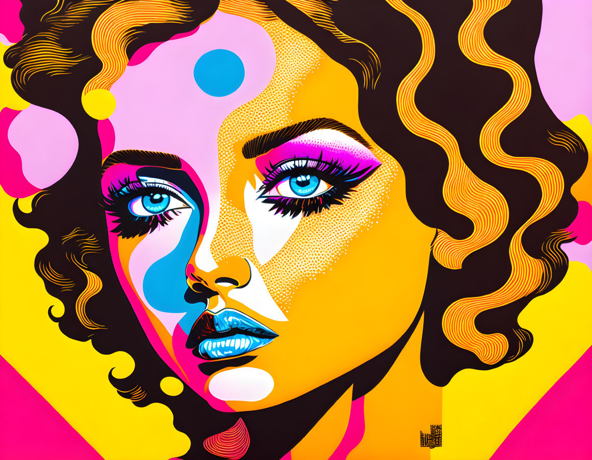 Colorful Pop Art Portrait of Woman with Curly Hair