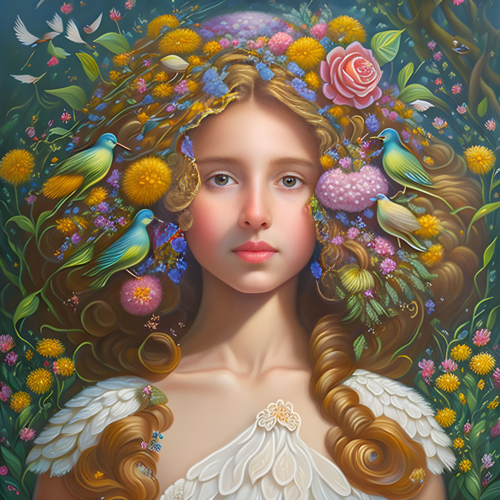 Serene girl with flower crown, birds, and foliage in mystical scene