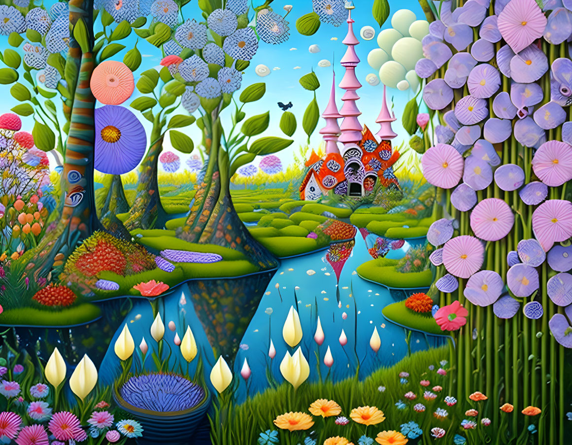 Colorful Fairytale Castle Landscape with Trees, Flowers, and Floating Candles