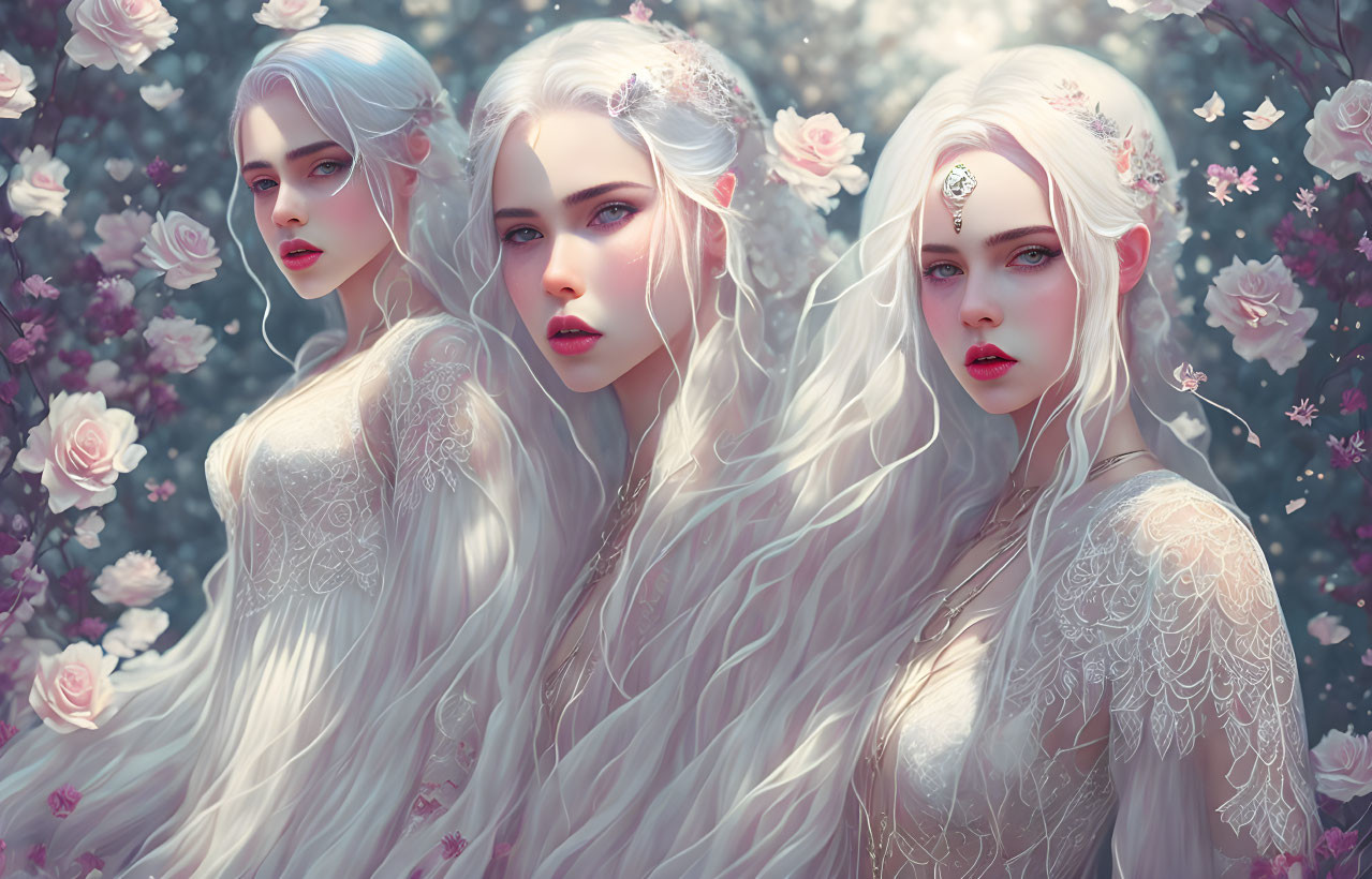 Ethereal women with long white hair in floral crowns among pink blossoms