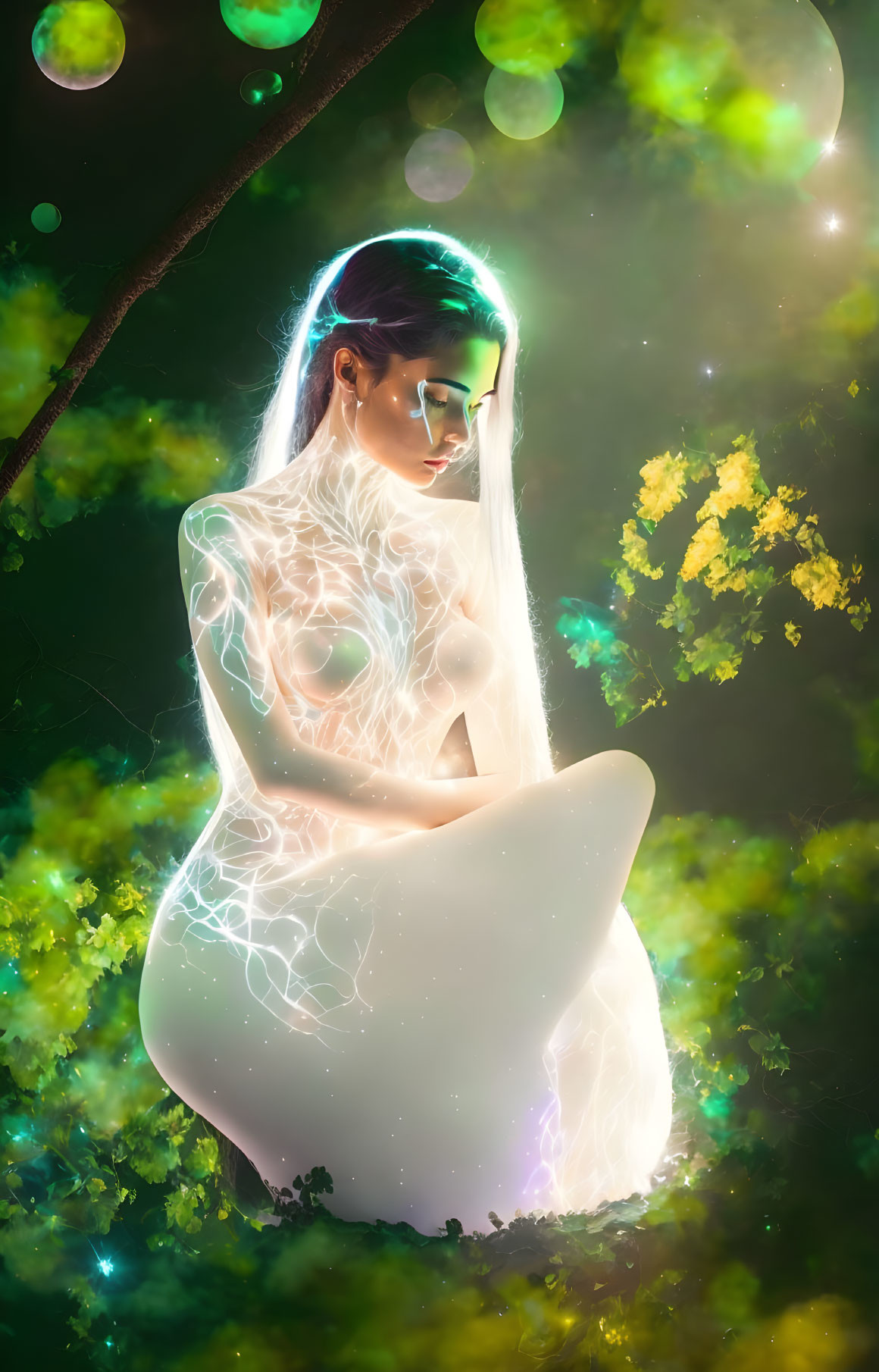 Ethereal figure surrounded by glowing orbs and neon outline