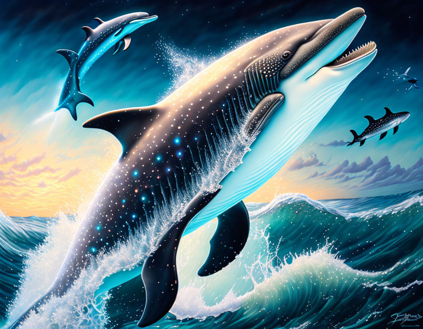 Starry cosmic whale leaps with dolphins in sunset sky