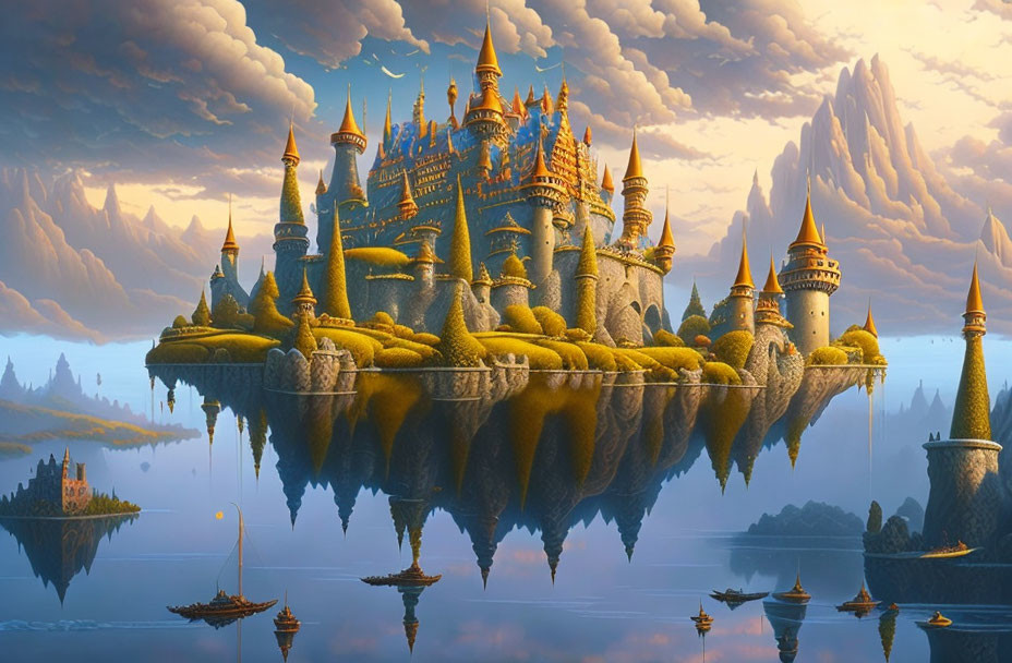 Fantasy castle with spires on reflective lake, lush landscape, towering mountains