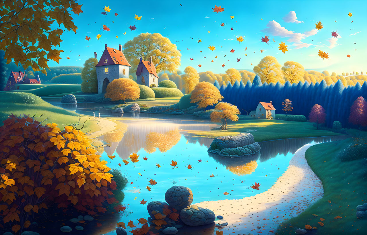 Tranquil autumn landscape with vibrant foliage and serene lake