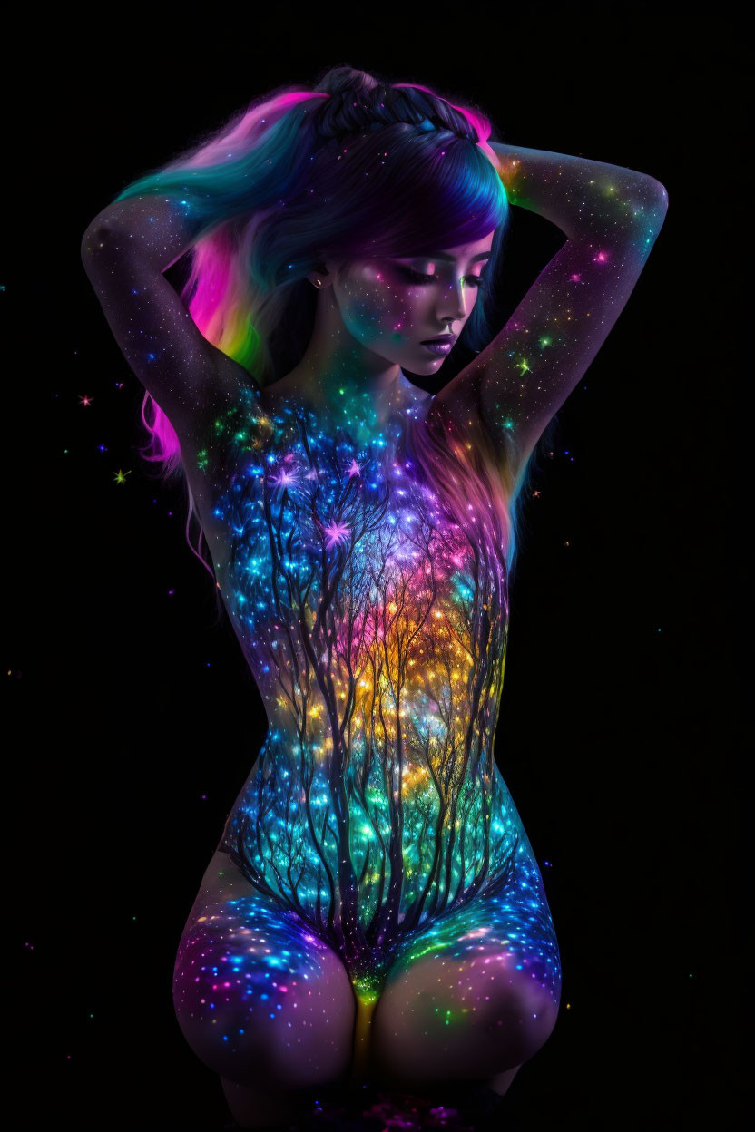 Cosmic Body Paint Woman with Galaxy Pattern on Dark Background